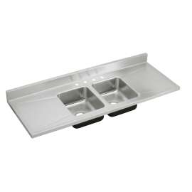 Lustertone Classic Stainless Steel 66" X 25" X 7-1/2", 0-Hole Equal Double Bowl Sink Top With Drainboard, D66290