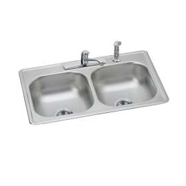Dayton Stainless Steel 33" X 22" X 7-1/16" 4-Hole Equal Double Bowl Drop-In Sink And Faucet Kit, DD233224DF