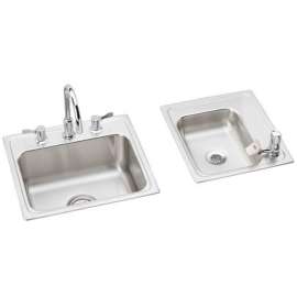 Lustertone Classic Stainless Steel 34" X 17" X 7-5/8" Double Bowl Drop-In Classroom Sink+Faucet/Bubbler Kit And Vandal-Resistant Filtration Kit With Filter Status Monitor, DRKR23417RFFC