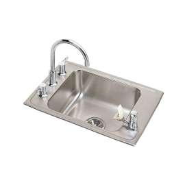 Lustertone Classic Stainless Steel 31" X 19-1/2" X 7-5/8" 4-Hole Single Classroom Sink + Faucet/Bubbler Kit And Vandal-Resistant Filtration Kit With Filter Status Monitor, DRKR3119FFC