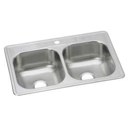 Dayton Stainless Steel 33" X 22" X 8-1/16" 1-Hole Equal Double Bowl Drop-In Sink Kit With Chrome Faucet, DSE233221DFCR