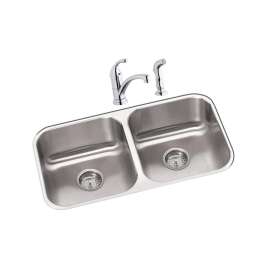 Dayton Stainless Steel 31-3/4" X 18-1/4" X 8" Equal Double Bowl Undermount Sink And Faucet Kit, DXUH3118DF
