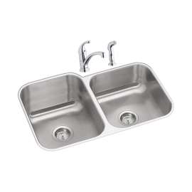 Dayton Stainless Steel 31-3/4" X 20-1/2" X 10" Offset Double Bowl Undermount Sink And Faucet Kit, DXUH312010RDF