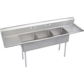 Dependabilt Stainless Steel 124" X 29-13/16" X 43-3/4" 18 Ga. Three Comp Sink W/24" Lr Drainboards+Stainless Steel Legs, E3C24X24-2-24X