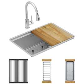 Crosstown 18 Gauge Workstation Stainless Steel 25-1/2" X 18-1/2" X 9" Single Bowl Undermount Sink & Faucet Kit, ECTRU24169RTFCW