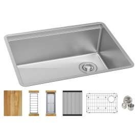 Crosstown 18 Gauge Workstation Stainless Steel 25-1/2" X 18-1/2" X 9" Single Bowl Undermount Sink Kit, ECTRU24169RTWC