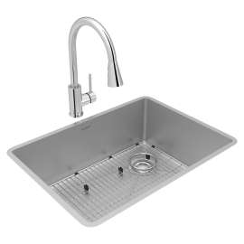 Crosstown 18 Gauge Stainless Steel 25-1/2" X 18-1/2" X 9" Single Bowl Undermount Sink & Faucet Kit With Bottom Grid & Drain, ECTRU24179RTFBC