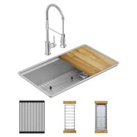 Crosstown 18 Gauge Workstation Stainless Steel 31-1/2" X 18-1/2" X 9" Single Bowl Undermount Sink & Faucet Kit, ECTRU30169RTFCW