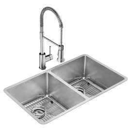 Crosstown 18 Gauge Stainless Steel 31-1/2" X 18-1/2" X 9" Equal Double Bowl Undermount Sink Kit With Faucet, ECTRU31179TFC