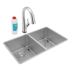 Crosstown 18 Gauge Stainless Steel 31-1/2" X 18-1/2" X 9" Equal Double Bowl Undermount Sink Kit With Filtered Faucet, ECTRU31179TFLC