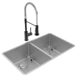 Crosstown 18 Gauge Stainless Steel 31-1/2" X 18-1/2" X 9" Equal Double Bowl Undermount Sink & Faucet Kit With Bottom Grid & Drain, ECTRU31179TFMBC