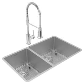Crosstown 18 Gauge Stainless Steel 31-1/2" X 18-1/2" X 9" 40/60 Double Bowl Undermount Sink & Faucet Kit With Bottom Grid & Drain, ECTRU32179LTFBC