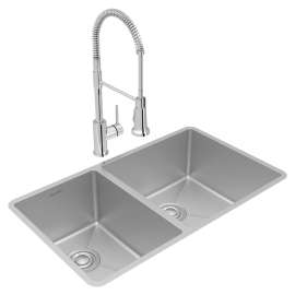 Crosstown 18 Gauge Stainless Steel 31-1/2" X 18-1/2" X 9" 40/60 Double Bowl Undermount Sink & Faucet Kit With Drain, ECTRU32179LTFCC