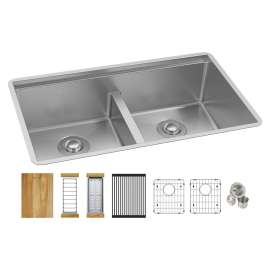 Crosstown 18 Gauge Workstation Stainless Steel 31-1/2" X 18-1/2" X 9" Equal Double Bowl Sink Kit With Aqua Divide, ECTRUAQ31169TWC