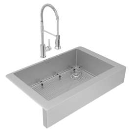 Crosstown 18 Gauge Stainless Steel 35-7/8" X 20-1/4" X 9" Single Bowl Farmhouse Sink & Faucet Kit With Bottom Grid & Drain, ECTRUF30179RFBC