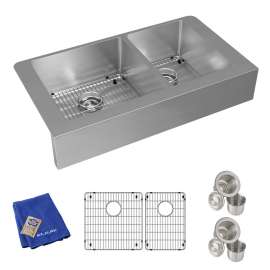 Crosstown 18 Gauge Stainless Steel 35-7/8" X 20-1/4" X 9" 60/40 Double Bowl Farmhouse Sink Kit, ECTRUF32179RC