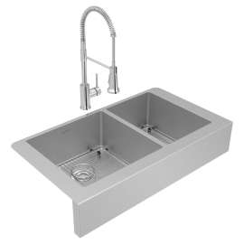 Crosstown 18 Gauge Stainless Steel 35-7/8" X 20-1/4" X 9" 60/40 Double Bowl Farmhouse Sink & Faucet Kit With Bottom Grid & Drain, ECTRUF32179RFBC