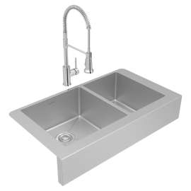 Crosstown 18 Gauge Stainless Steel 35-7/8" X 20-1/4" X 9" 60/40 Double Bowl Farmhouse Sink & Faucet Kit With Drain, ECTRUF32179RFCC