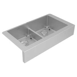 Crosstown 18 Gauge Stainless Steel 35-7/8" X 20-1/4" X 9" Equal Double Bowl Farmhouse Sink Kit With Aqua Divide, ECTRUFA32179C