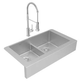 Crosstown 18 Gauge Stainless Steel 35-7/8" X 20-1/4" X 9" Equal Double Bowl Farmhouse Sink & Faucet Kit With Aqua Divide & Drain, ECTRUFA32179FCC