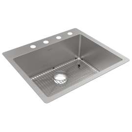Crosstown 18 Gauge Stainless Steel 25" X 22" X 9" 4-Hole Single Bowl Dual Mount Sink Kit, ECTSR25229TBG4