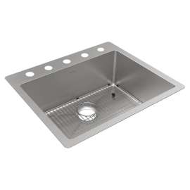 Crosstown 18 Gauge Stainless Steel 25" X 22" X 9" 5-Hole Single Bowl Dual Mount Sink Kit, ECTSR25229TBG5