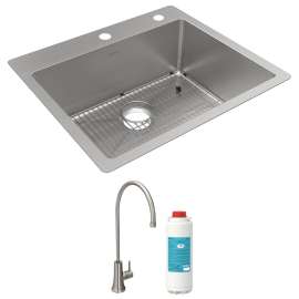 Crosstown 18 Gauge Stainless Steel 25" X 22" X 9" Single Bowl Dual Mount Sink Kit With Filtered Beverage Faucet, ECTSR25229TFGB