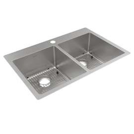 Crosstown 18 Gauge Stainless Steel 33" X 22" X 9" 1-Hole Equal Double Bowl Dual Mount Sink Kit, ECTSR33229TBG1
