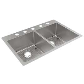 Crosstown 18 Gauge Stainless Steel 33" X 22" X 9" 5-Hole Equal Double Bowl Dual Mount Sink Kit, ECTSR33229TBG5