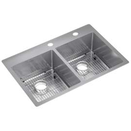 Crosstown 18 Gauge Stainless Steel 33" X 22" X 9" Fr2-Hole Equal Double Bowl Dual Mount Sink Kit, ECTSR33229TBGFR2