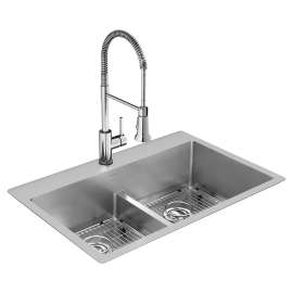 Crosstown 18 Gauge Stainless Steel 33" X 22" X 9" 1-Hole Equal Double Bowl Dual Mount Sink Kit With Aqua Divide And Faucet, ECTSRA33229TFC