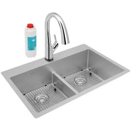 Crosstown 18 Gauge Stainless Steel 33" X 22" X 9" Equal Double Bowl Dual Mount Sink Kit With Filtered Faucet With Aqua Divide, ECTSRA33229TFLC