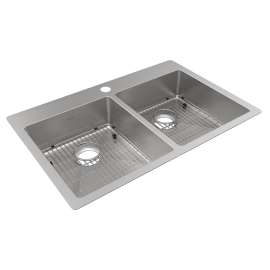 Crosstown 18 Gauge Stainless Steel 33" X 22" X 6" 1-Hole Equal Double Bowl Dual Mount Ada Sink Kit, ECTSRAD33226TBG1