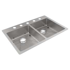 Crosstown 18 Gauge Stainless Steel 33" X 22" X 6" 5-Hole Equal Double Bowl Dual Mount Ada Sink Kit, ECTSRAD33226TBG5