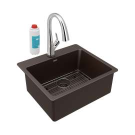 Quartz Classic 25" X 22" X 9-1/2" Single Bowl Drop-In Sink Kit With Filtered Faucet Mocha, ELG2522MC0FLC