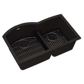 Quartz Classic 33" X 22" X 10" Offset 60/40 Double Bowl Undermount Sink Kit With Aqua Divide Black, ELGHU3322RBK0C