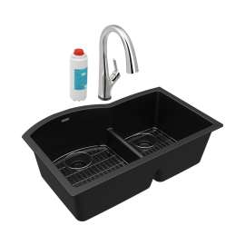 Quartz Classic 33" X 22" X 10" Offset 60/40 Double Bowl Undermount Sink Kit With Filtered Faucet With Aqua Divide Black, ELGHU3322RBKFLC