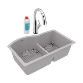 Quartz Classic 33" X 22" X 10" Offset 60/40 Double Bowl Undermount Sink Kit With Filtered Faucet With Aqua Divide Greystone, ELGHU3322RGSFLC