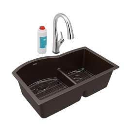 Quartz Classic 33" X 22" X 10" Offset 60/40 Double Bowl Undermount Sink Kit With Filtered Faucet With Aqua Divide Mocha, ELGHU3322RMCFLC