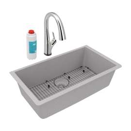 Quartz Classic 33" X 18-7/16" X 9-7/16" Single Bowl Undermount Sink Kit With Filtered Faucet Greystone, ELGRU13322GSFLC