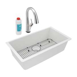 Quartz Classic 33" X 18-7/16" X 9-7/16" Single Bowl Undermount Sink Kit With Filtered Faucet White, ELGRU13322WHFLC