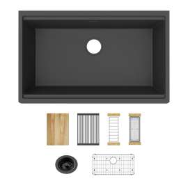 Quartz Classic 33" X 19-3/8" X 9-1/2" Single Bowl Undermount Workstation Sink Kit Matte Black, ELGRU13322WMB0