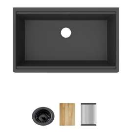 Quartz Classic 33" X 22" X 9-1/2" Single Bowl Undermount Workstation Sink 4Pc Kit Matte Black, ELGRU13322WOMB0