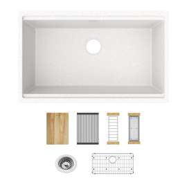 Quartz Classic 33" X 19-3/8" X 9-1/2" Single Bowl Undermount Workstation Sink Kit White, ELGRU13322WWH0
