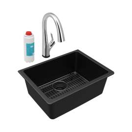 Quartz Classic 24-5/8" X 18-1/2" X 9-1/2" Single Bowl Undermount Sink Kit With Filtered Faucet Black, ELGU2522BK0FLC