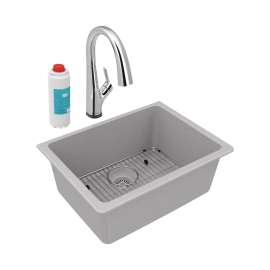 Quartz Classic 24-5/8" X 18-1/2" X 9-1/2" Single Bowl Undermount Sink Kit With Filtered Faucet Greystone, ELGU2522GS0FLC
