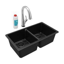 Quartz Classic 33" X 18-1/2" X 9-1/2" Equal Double Bowl Undermount Sink Kit With Filtered Faucet Black, ELGU3322BK0FLC