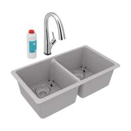 Quartz Classic 33" X 18-1/2" X 9-1/2" Equal Double Bowl Undermount Sink Kit With Filtered Faucet Greystone, ELGU3322GS0FLC