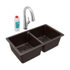 Quartz Classic 33" X 18-1/2" X 9-1/2" Equal Double Bowl Undermount Sink Kit With Filtered Faucet Mocha, ELGU3322MC0FLC