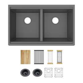 Quartz Classic 33" X 22" X 9-1/2" Equal Double Bowl Undermount Workstation Sink Kit Graphite, ELGU3322WGT0